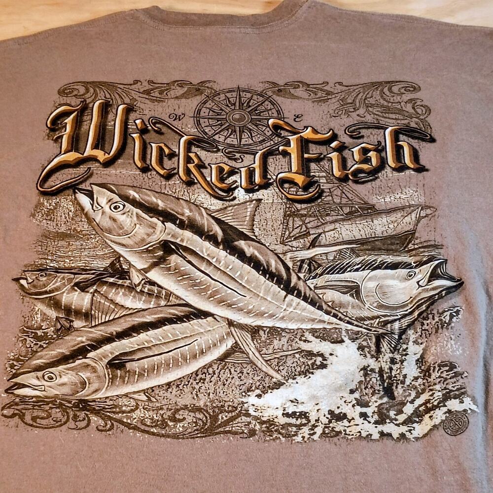 Wicked Fish Tuna Fishing T-Shirt Mens 2XL Savana Brown Compass Nautical Graphic